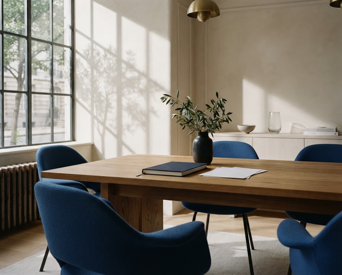 A calm, light-filled meeting room with a wooden table and blue chairs.